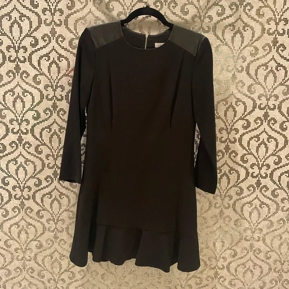 Sandro long sleeve, leather shoulder pads mini dress